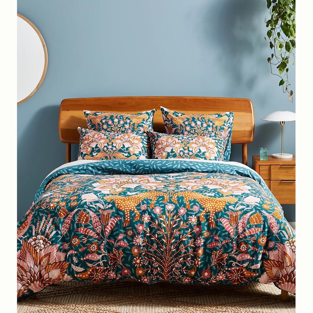 Anthropologie Mahina Floral Duvet Cover in Teal and Orange